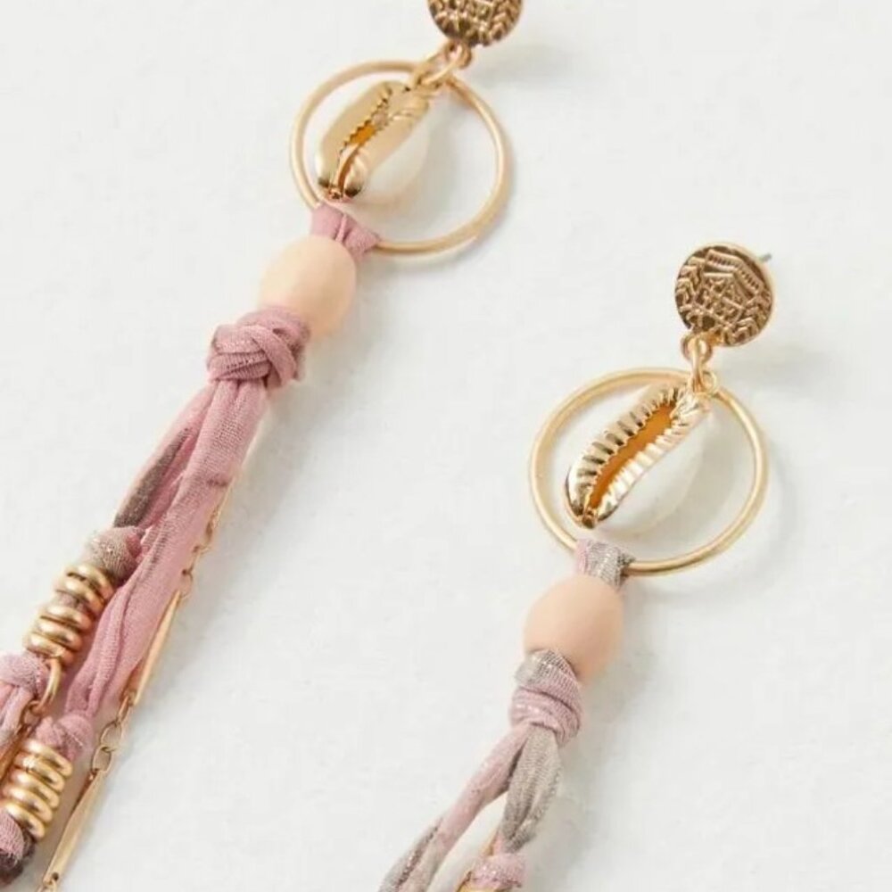 Free People Long Tassel Boho Earrings Shells Fabric Metallic Beaded Feminine Fun